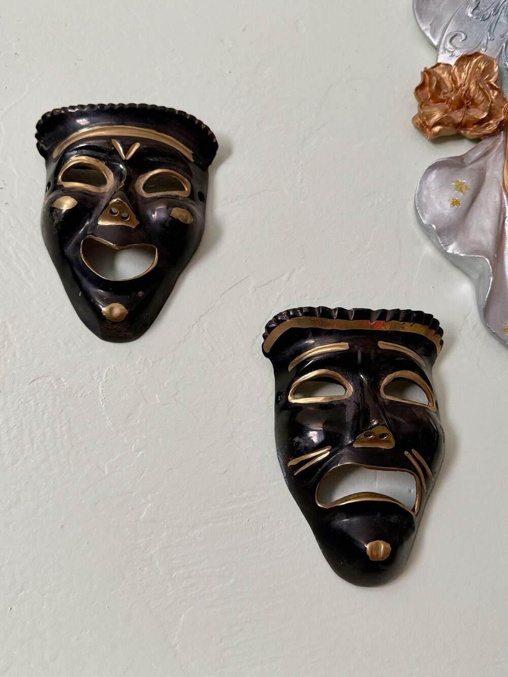 Vintage solid Brass Comedy and Tragedy Theatre Wall Masks, Black and Gold Finish